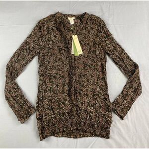 NWT DEPT Ditsy Floral V- Neck Long Sleeve Ruffle Top Brown Size L Cozy